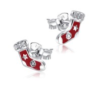 Christmas Sock Red Enamel With CZ Silver Stud Earrings STS-5522